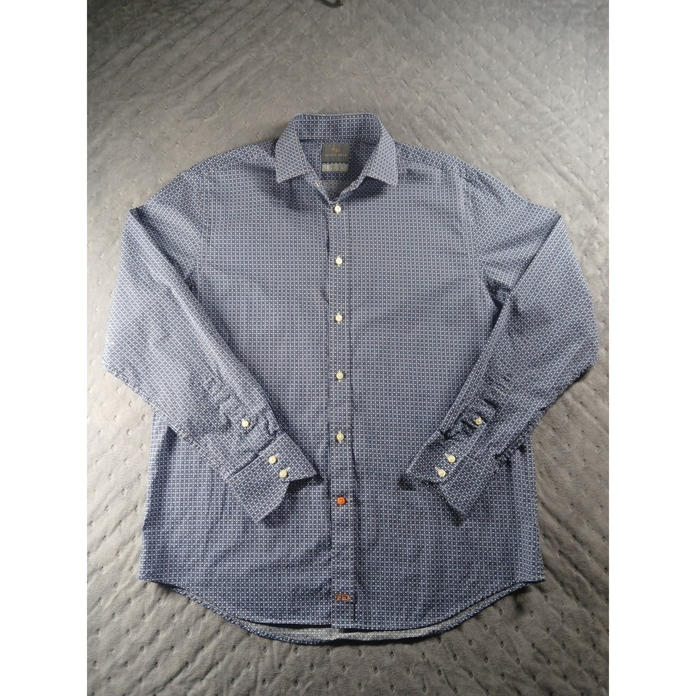 Thomas Dean Mens Blue Geometric Shipmakers Cloth Cotton Button Down Shirt Large